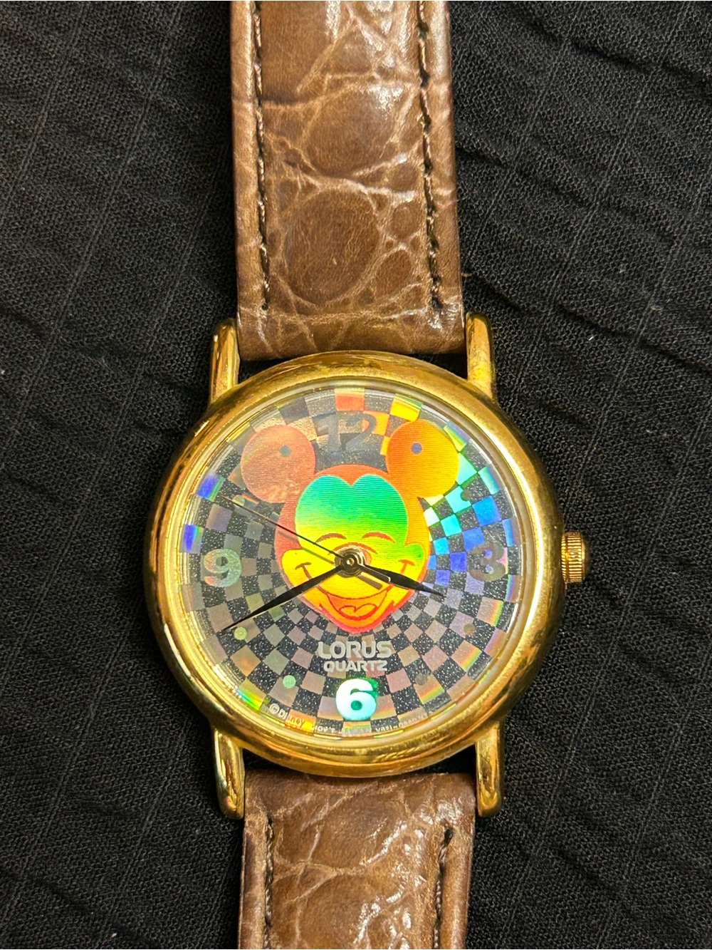 Mickey Mouse Quartz Gold-Tone Watch with Brown Leather Strap and Multicolor Dial